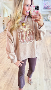 Oatmeal Plaid Pumpkin Bow Detailed Sweater