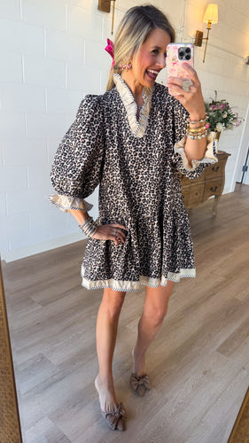 Taupe Leopard Ruffle Neck Dress