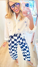 Navy Checkered Print Barrel Pants