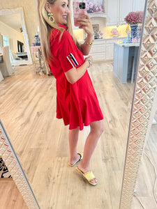 Red Navy Accented Tab Pullover Mini Dress