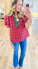 Red Plaid Caftan V Neck Top