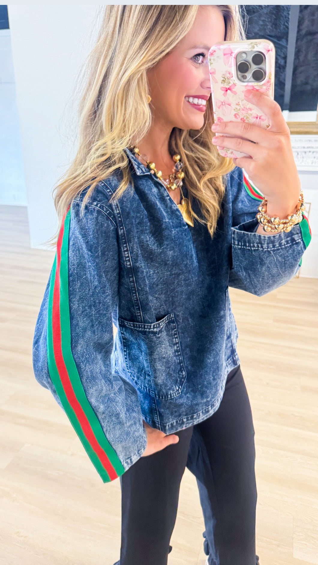 Denim Contrast Stripe Pullover Top