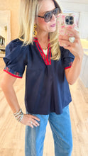 Navy Plaid Contrast Puff Sleeve Top