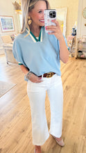 Light Blue Ribbed Contrast Neck Top