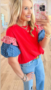 Red Accented Puff Sleeve Top
