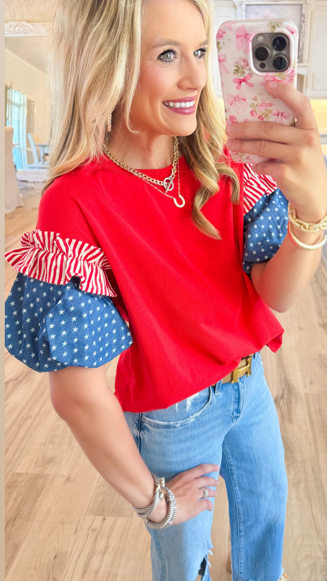 Red Accented Puff Sleeve Top