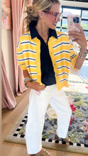 Butter Yellow and Blue Stripe Short Sleeve Cardigan