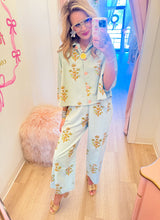 Aqua Floral Print Barrel Pants