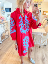 Tomato Red and Blue Contrast Printed Dress