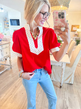 Red Polka Dot Contrast Puff Sleeve Top
