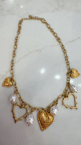Gold Heart and Pearl Charm Necklace