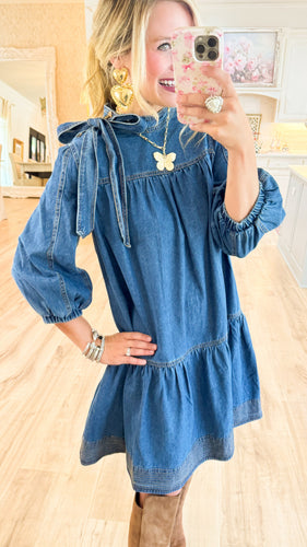 Dark Denim Bow 3/4 Sleeve Dress