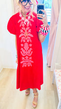 Red Applique Puff Sleeve Midi Dress
