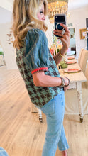 Sage Houndstooth Puff Sleeve Top