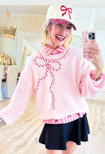 Pink Candy Cane Bow Knit Sweater