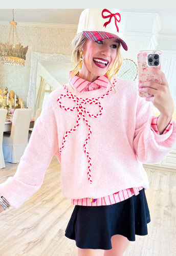 Pink Candy Cane Bow Knit Sweater