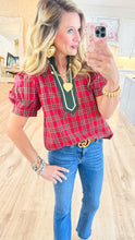 Red Plaid Caftan V Neck Top