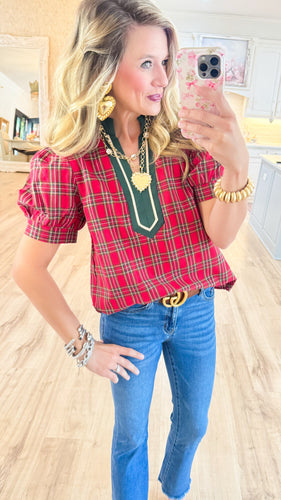 Red Plaid Caftan V Neck Top