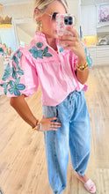 THML Pink Embroidered Puff Sleeve Top