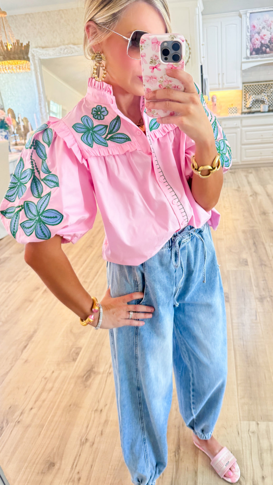 THML Pink Embroidered Puff Sleeve Top