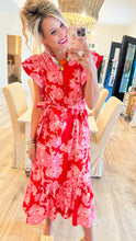 Red Floral Print Flutter Sleeve Midi Dress