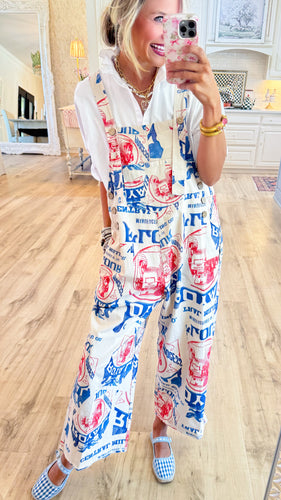 Beige Vintage Printed Overalls