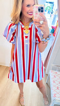 Blue and Red Stripe Puff Sleeve Mini Dress