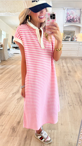 Ivory and Pink Striped Relaxed Midi Dress