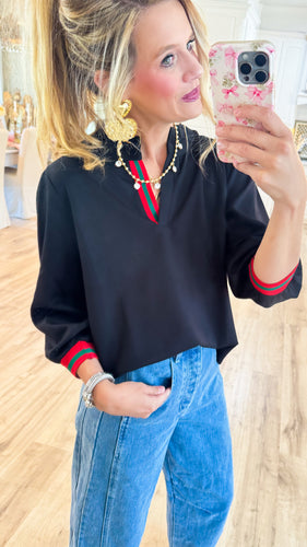 Black Stripe Contrast Ruffle Neck Top
