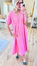 Pink V Neck Gold Heart Button Midi Dress