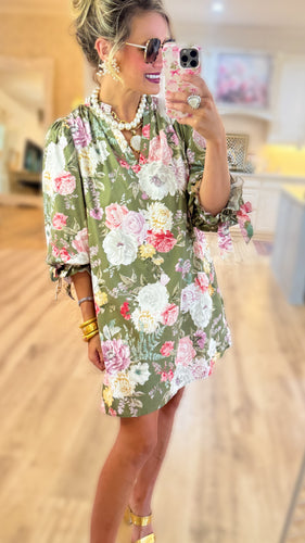 Olive Floral Print Bubble Sleeve Mini Dress