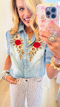 Denim Floral Embroidered Button Up Top