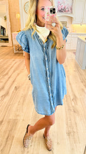 Denim Ruffle Button Down Mini Dress