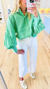 Cali Green Striped Ballon Sleeve Top