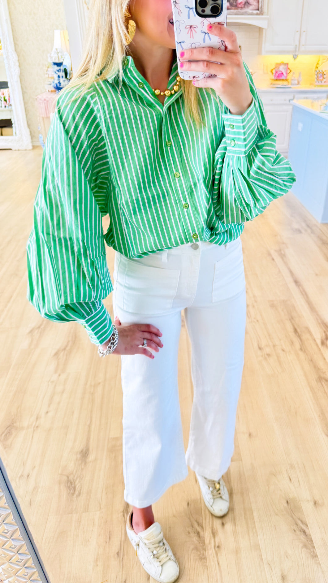 Cali Green Striped Ballon Sleeve Top