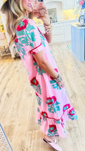 Pink Floral Mandarin Collar Midi Dress
