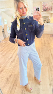Navy Terry Button Cardigan