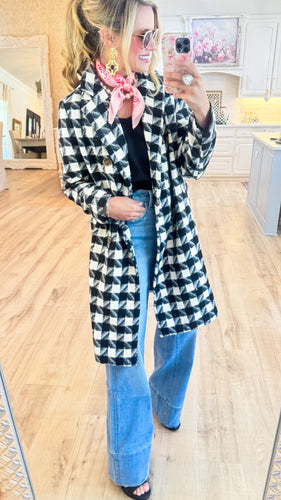 Black and White Houndstooth Tweed Coat