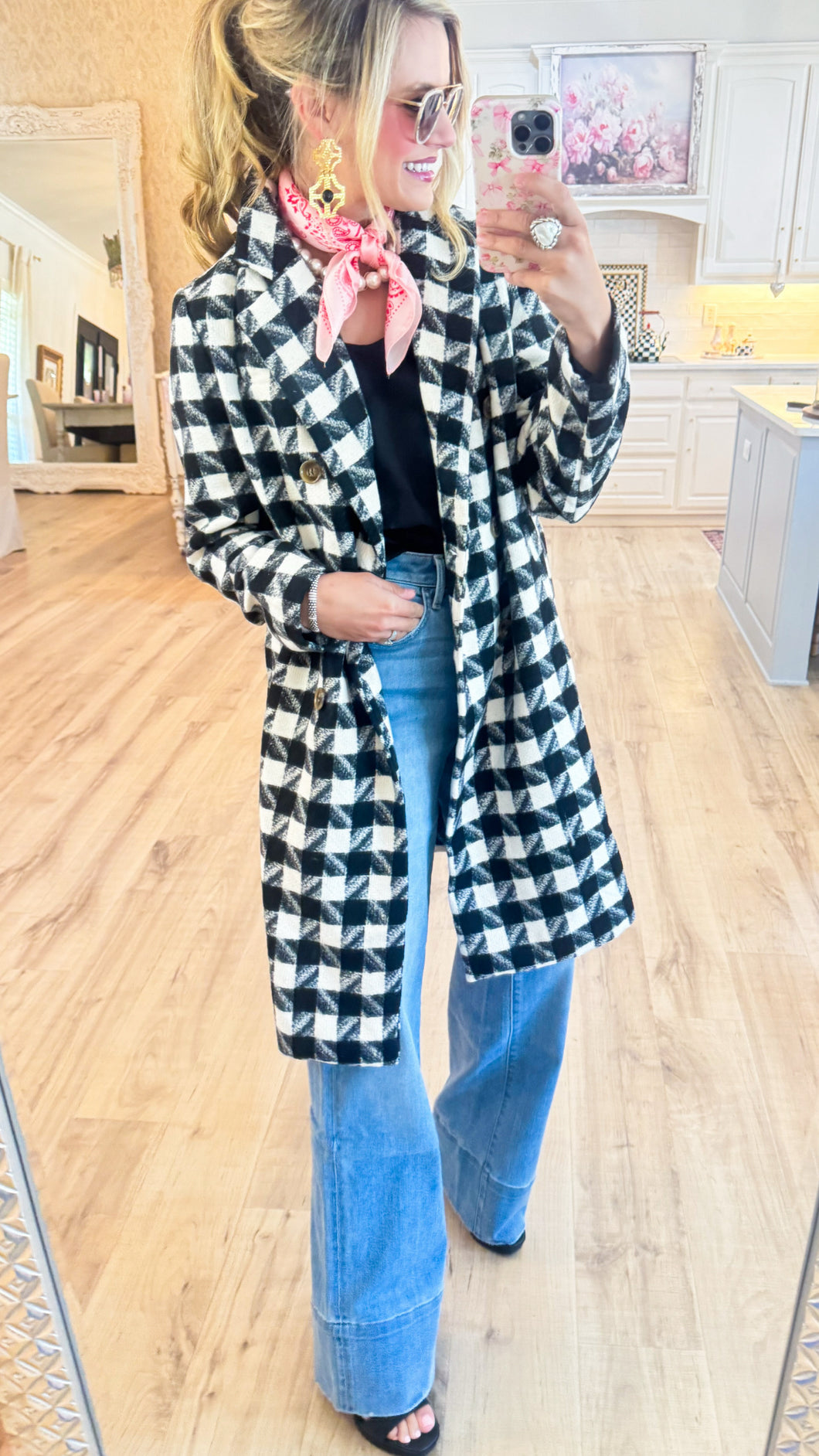 Black and White Houndstooth Tweed Coat