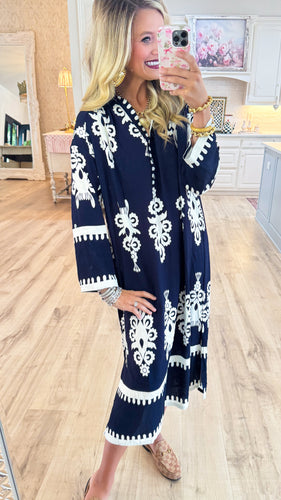 Navy Abstract Print Midi Dress