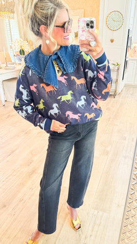 Navy Colorful Horse Crewneck Sweater