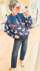 Navy Colorful Horse Crewneck Sweater
