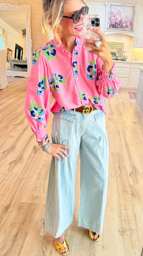 Pink Mix Floral Ruffle Neck Top
