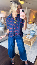 Navy and Rust Polka Dot Ruffle Hem Top