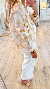 Beige Multi Chain Print Button Down Top