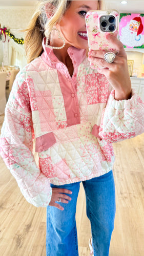 Pink Quilted Quarter Button Sweatshirt