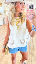 Horseshoe Embroidered Frayed Hem Top