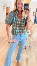 Sage Houndstooth Puff Sleeve Top