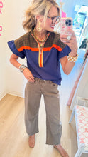 Navy Colorblock Plaid Contrast Top