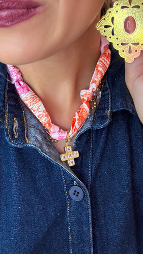 Pink and Orange Scarf Necklace with Cross Charm